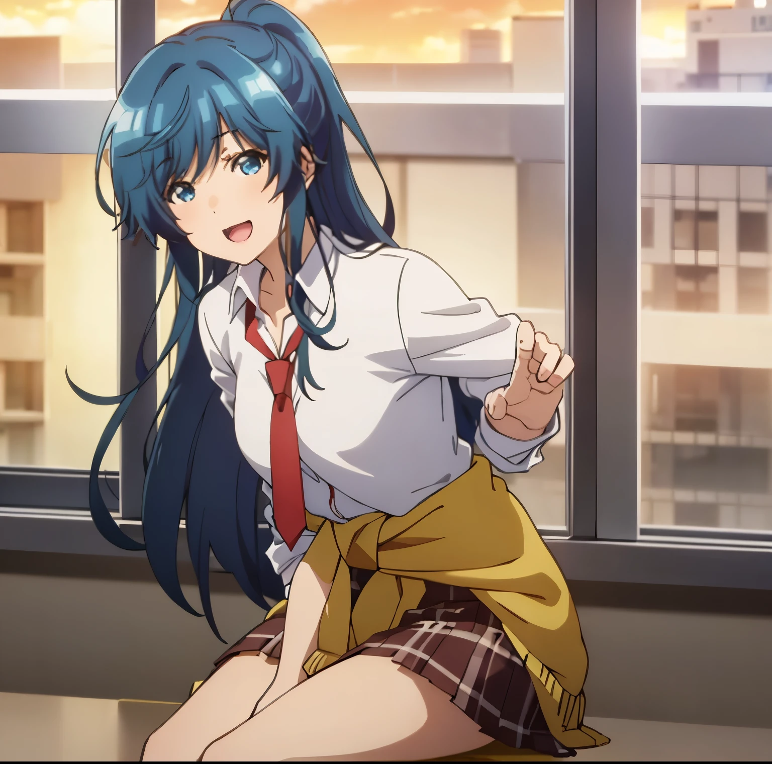 1girl,alone,minami,mi,best quality,(masterpiece:1.2),detailed,open mouth,smile, blue hair, blue eyes, long hair, ponytail, , white shirt, red tie, neckline, pleated skirt, light yellow sweater around the waist, standing, pointing at the viewer, looking at the viewer, interior, classroom, sitting at desk, legs crossed, sunset, medium breasts, medium waist, wide hips, medium thighs, perfect anatomy, perfect hands