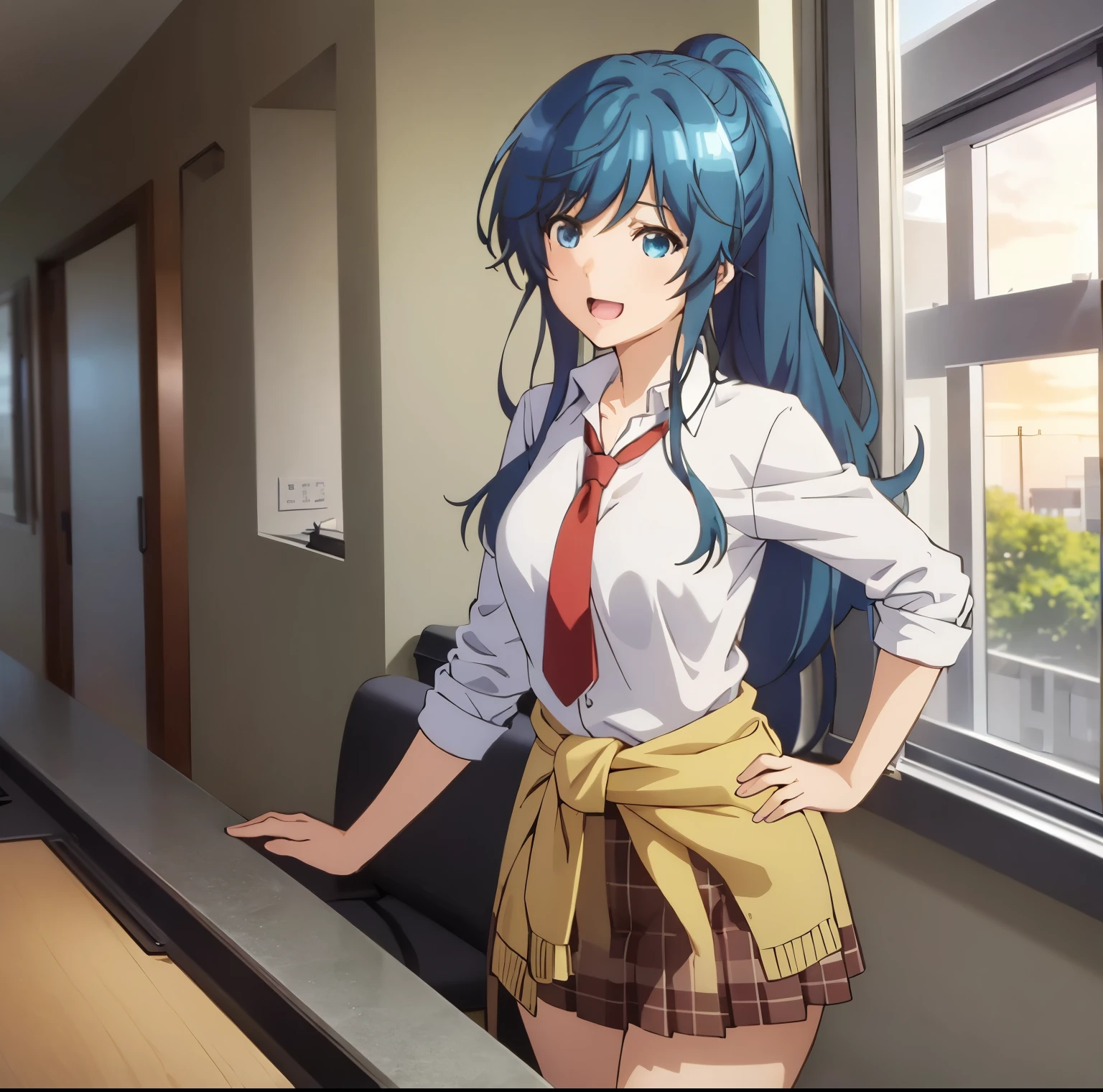 1girl,alone,minami,mi,best quality,(masterpiece:1.2),detailed,open mouth,smile, blue hair, blue eyes, long hair, ponytail, , white shirt, red tie, neckline, pleated skirt, light yellow sweater around the waist, standing, pointing at the viewer, looking at the viewer, interior, classroom, sitting at desk, legs crossed, sunset, medium breasts, medium waist, wide hips, medium thighs, perfect anatomy, perfect hands