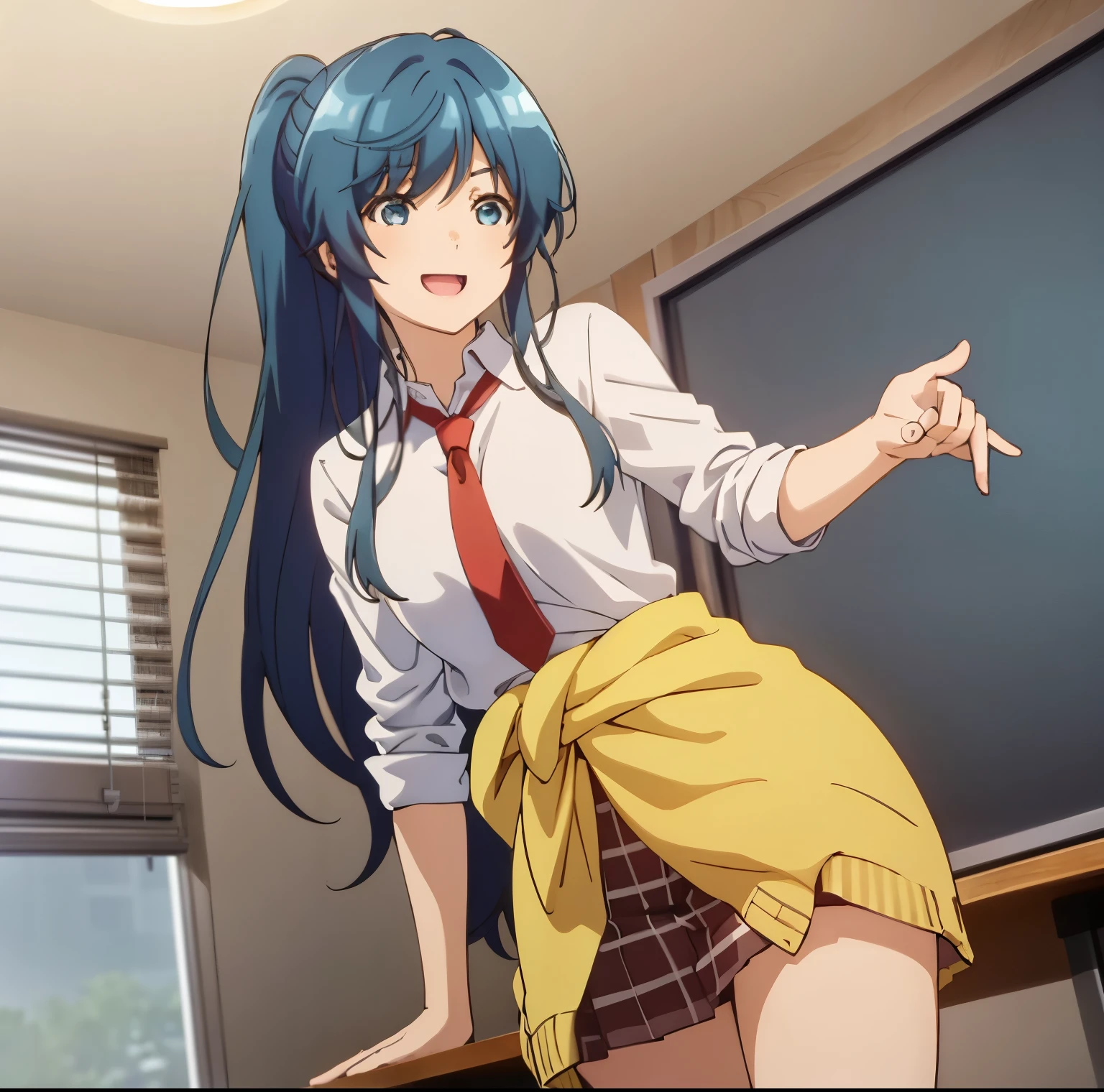 1girl,alone,minami,mi,best quality,(masterpiece:1.2),detailed,open mouth,smile, blue hair, blue eyes, long hair, ponytail, , white shirt, red tie, neckline, pleated skirt, light yellow sweater around the waist, standing, pointing at the viewer, looking at the viewer, interior, classroom, sitting at desk, legs crossed, sunset, medium breasts, medium waist, wide hips, medium thighs, perfect anatomy, perfect hands