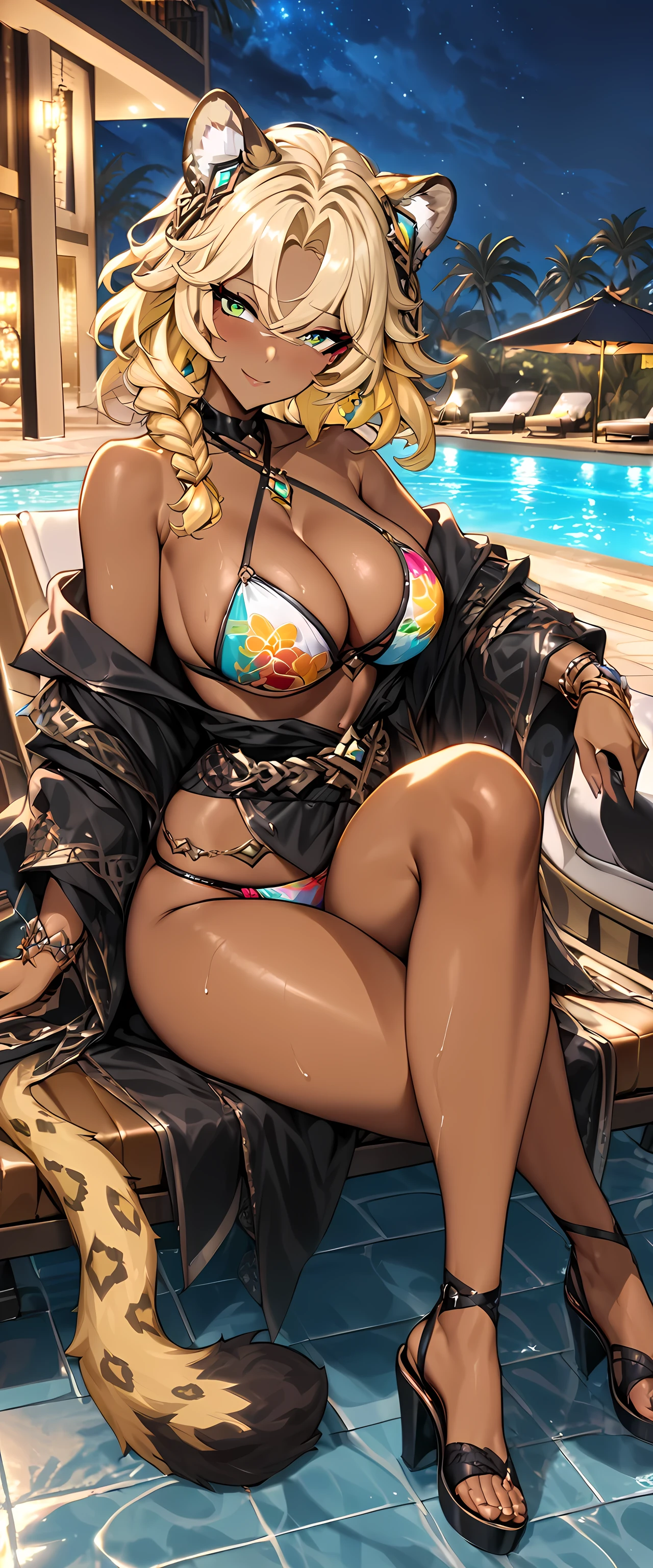 (masterpiece), best quality, expressive eyes, perfect face,1girl,xilonen-gi, green eyes,blonde hair,animal ears,leopard girl, dark-skinned female,,genshin impact, dark-skinned female, animal ears, single braid,makeup, leopard tail, cleavage, bracelet, necklace, criss-cross halter,big breasts,string bikini,beautiful design,(flower design),bare shoulders,colorful bikini,night,luxurious resort,luxury pool,dj party,poolside,smile,posing,seductive pose,wet,head tilt,poolchair,legs crossed,heel sandals,full body