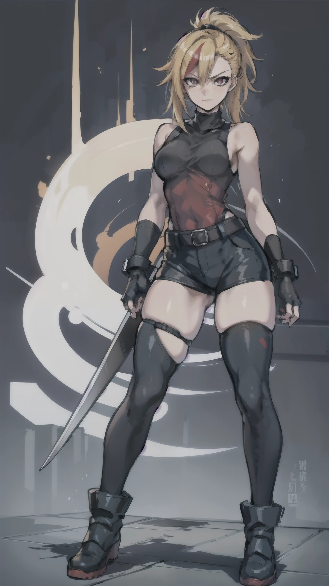 (masterpiece, best quality:1.2), red glowing eyes, perfect face, highres, 1 girl, solo, ultra long ponytail, (female:1.5), strife, blonde hair, shoulder armor, sleeveless turtleneck, suspenders, belt, gloves, bracer, evil smile, standing, portrait, looking at viewer, giant sword on the back, long leather boots, fullbody shot