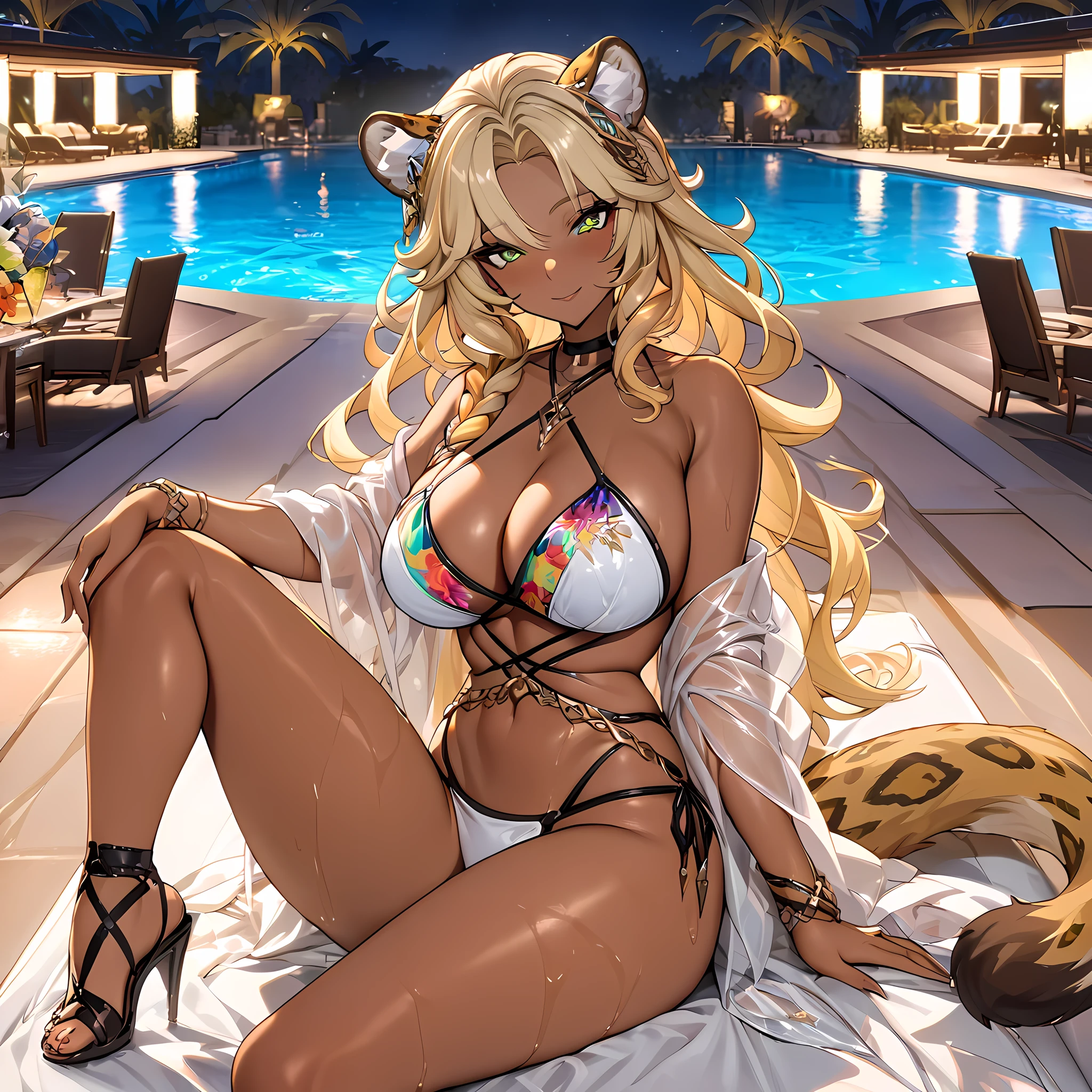 (masterpiece), best quality, expressive eyes, perfect face,1girl,xilonen-gi, green eyes,blonde hair,animal ears,leopard girl, dark-skinned female,,genshin impact, dark-skinned female, animal ears, single braid,makeup, leopard tail, cleavage, bracelet, necklace, criss-cross halter,big breasts,string bikini,beautiful design,(flower design),bare shoulders,colorful bikini,night,luxurious resort,luxury pool,dj party,poolside,smile,posing,seductive pose,wet,head tilt,poolchair,legs crossed,heel sandals,full body