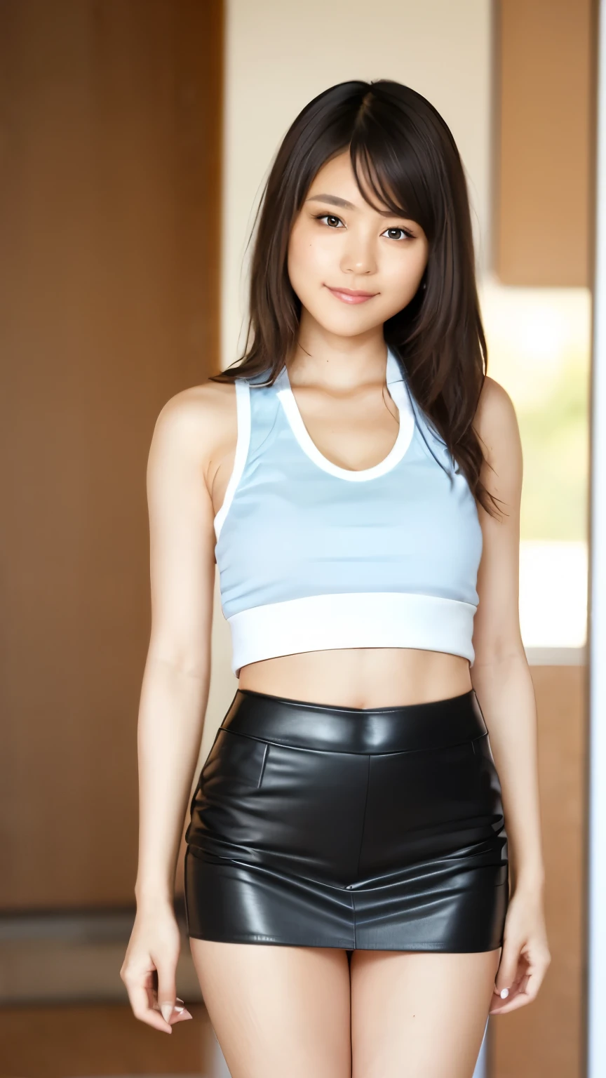 1 girl, ( blue eyes ), (smile), miniskirt 、(In the name of Mina), wide hips , tetas Big Deal s, Big Deal , ( best quality , 8k, masterpiece: 1.3), Perfect hands, clear focus : 1.2, perfect body beauty : 1.4, slim abs : 1.2, Highly detailed face and skin textures, Delicate eyes, double eyelids , (Long blonde hair), (Leather tank top:1.4), (デニム miniskirt と白いパンティ :1.5), (High heels :1.3), curved permanent , dynamic poses , background Tokyo Disneyland.