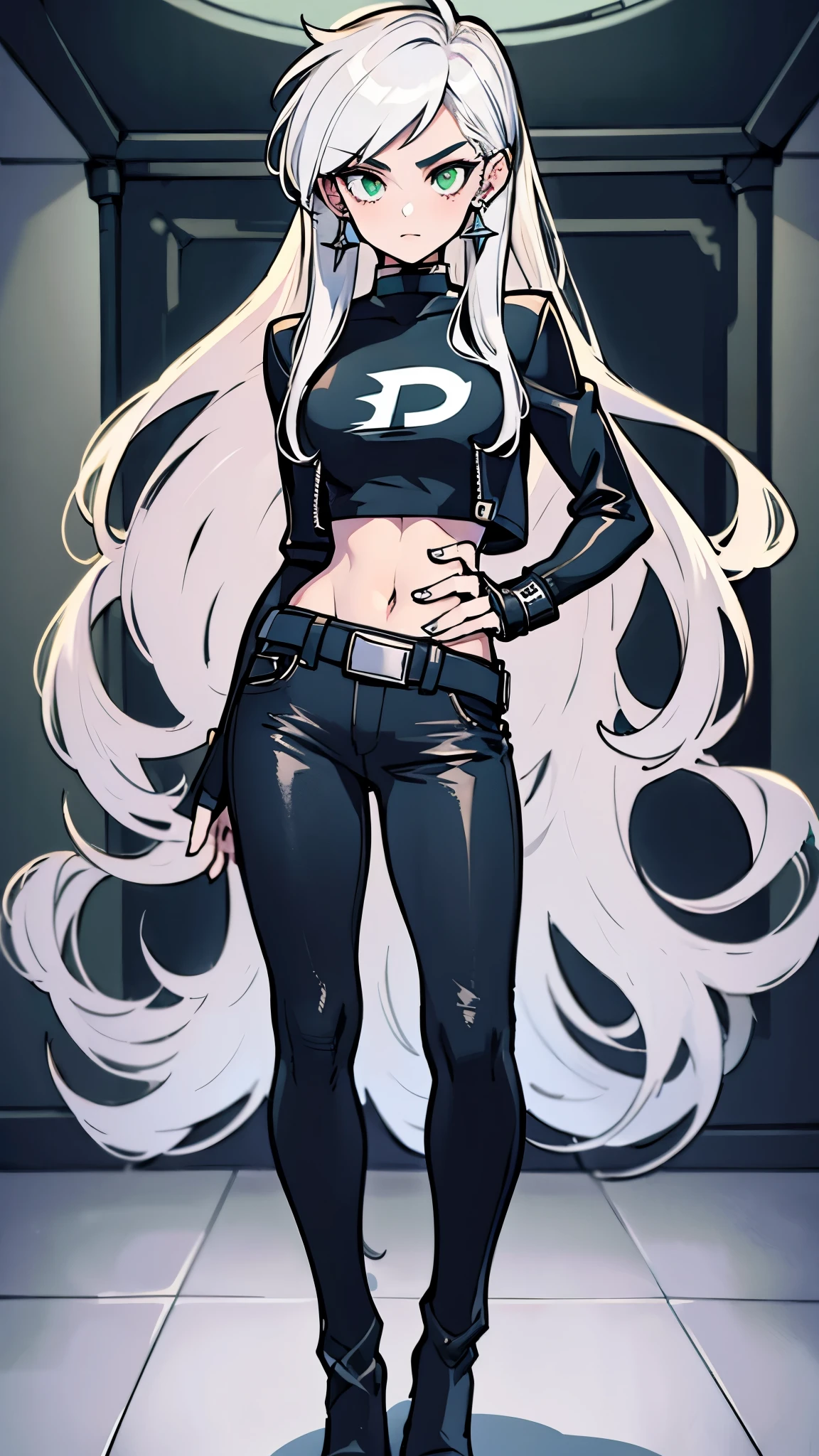 (masterpiece), danny phantom, best quality, green eyes, perfect face, highres, 1girl, solo, (female:1.5), cute, white hair, long hair, white fingerless gloves, black t shirt, leather jacket, jeans, indoors, cute pose, cowboy shot, looking at the viewer, fullbody shot, long boots, 
Alta resolução, Detalhes altos, Super detalhe, 