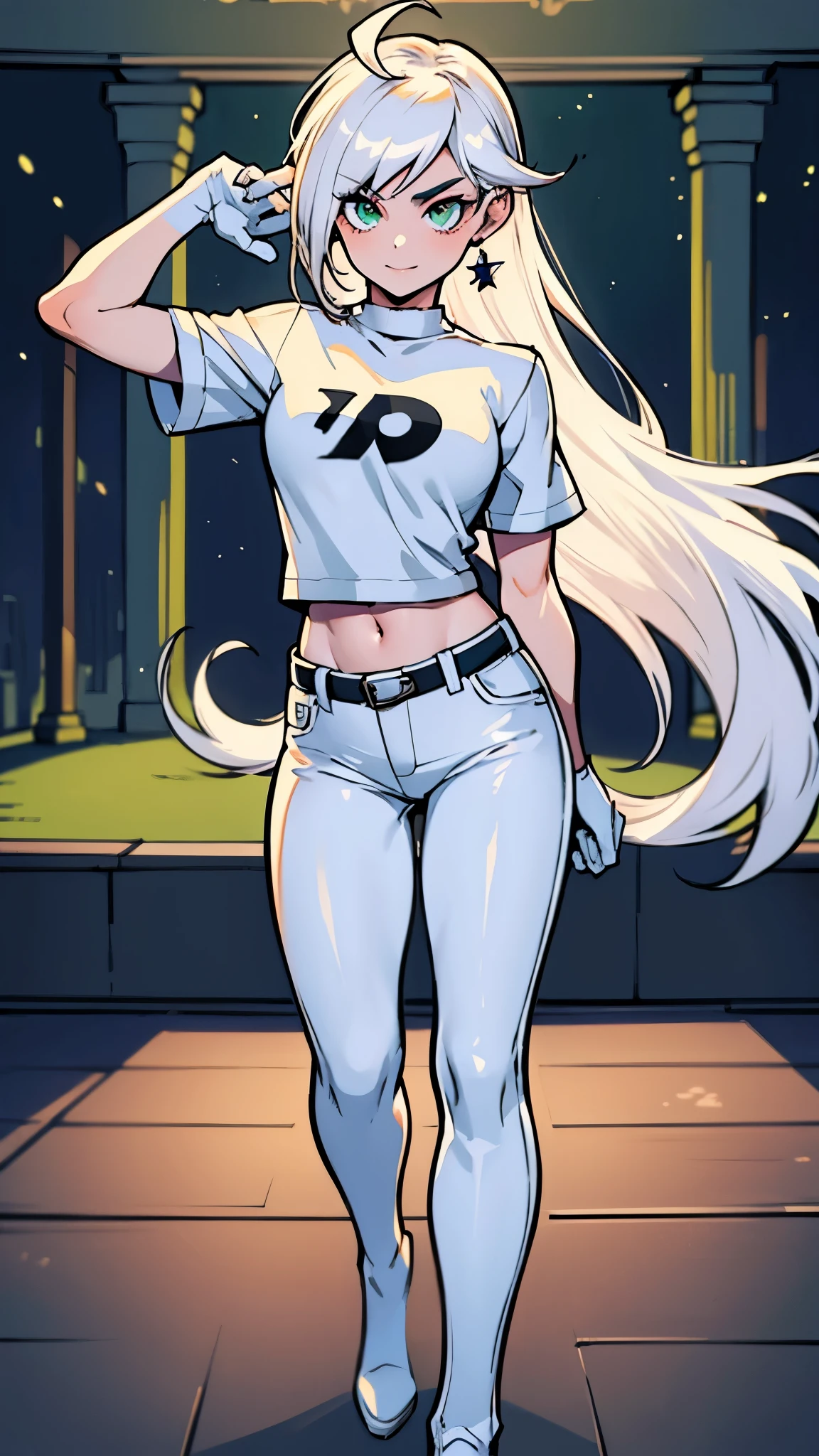 (masterpiece), danny phantom, best quality, green eyes, perfect face, highres, 1girl, solo, (female:1.5), cute, white hair, long hair, white fingerless gloves, black t shirt, leather jacket, jeans, indoors, cute pose, cowboy shot, looking at the viewer, fullbody shot, long boots, 
Alta resolução, Detalhes altos, Super detalhe, 