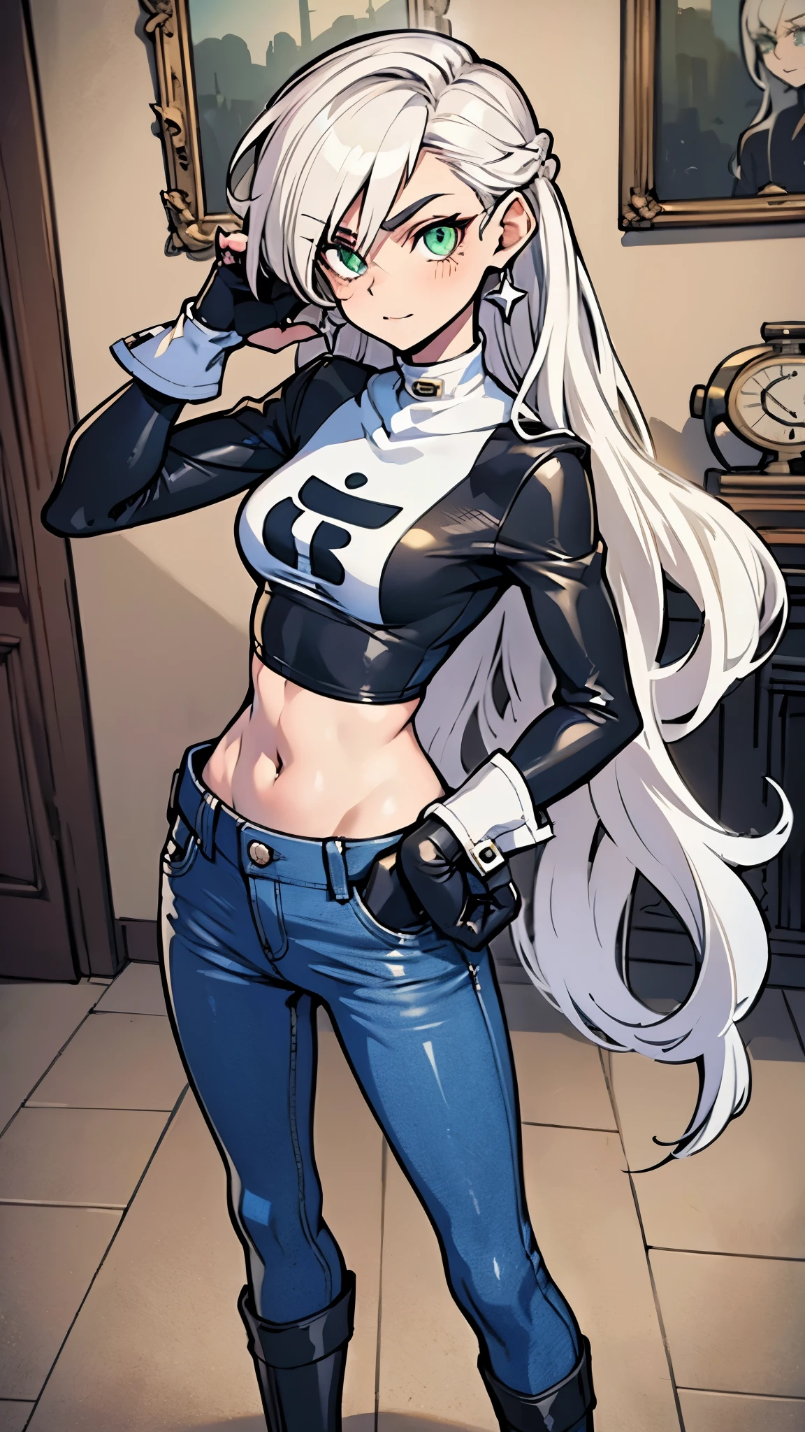 (masterpiece), danny phantom, best quality, green eyes, perfect face, highres, 1girl, solo, (female:1.5), cute, white hair, long hair, white fingerless gloves, black t shirt, leather jacket, jeans, indoors, cute pose, cowboy shot, looking at the viewer, fullbody shot, long boots, 
Alta resolução, Detalhes altos, Super detalhe, 