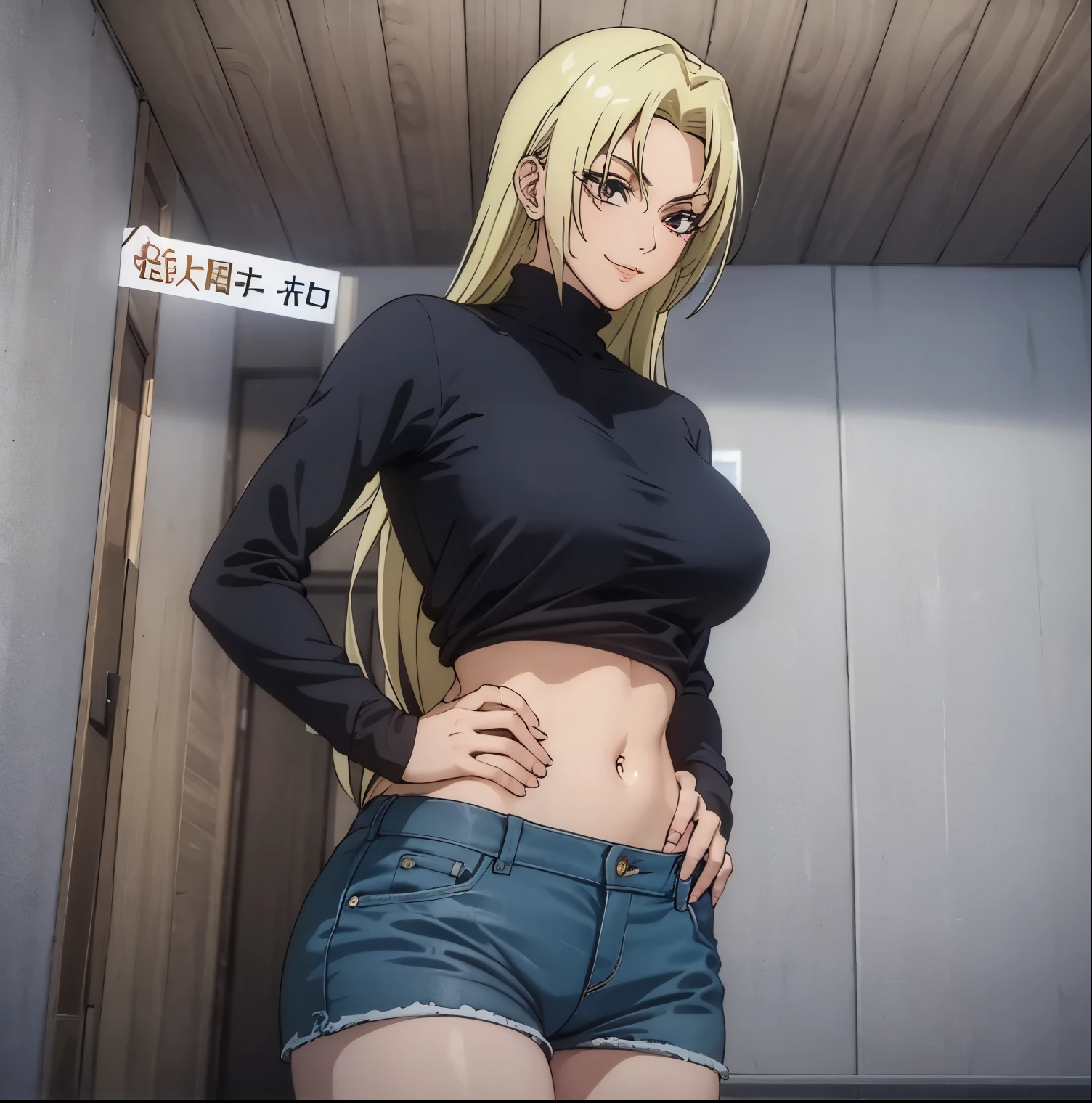 1girl,alone,yuki tsukumo,((best quality)), ((highly detailed)), masterpiece, detailed, large breasts, medium waist, wide hips, medium thighs, round butt, mature woman, blonde, long hair, focus feminine, sexy body, seductive smiling, standing, room, bedroom, alone, black shirt, cleavage, sleeveless turtleneck, looking at viewer, front view, pov (from below), average breasts, blue jeans, skinny jeans, shot cowboy, smile, hand on hip, perfect hands, perfect anatomy