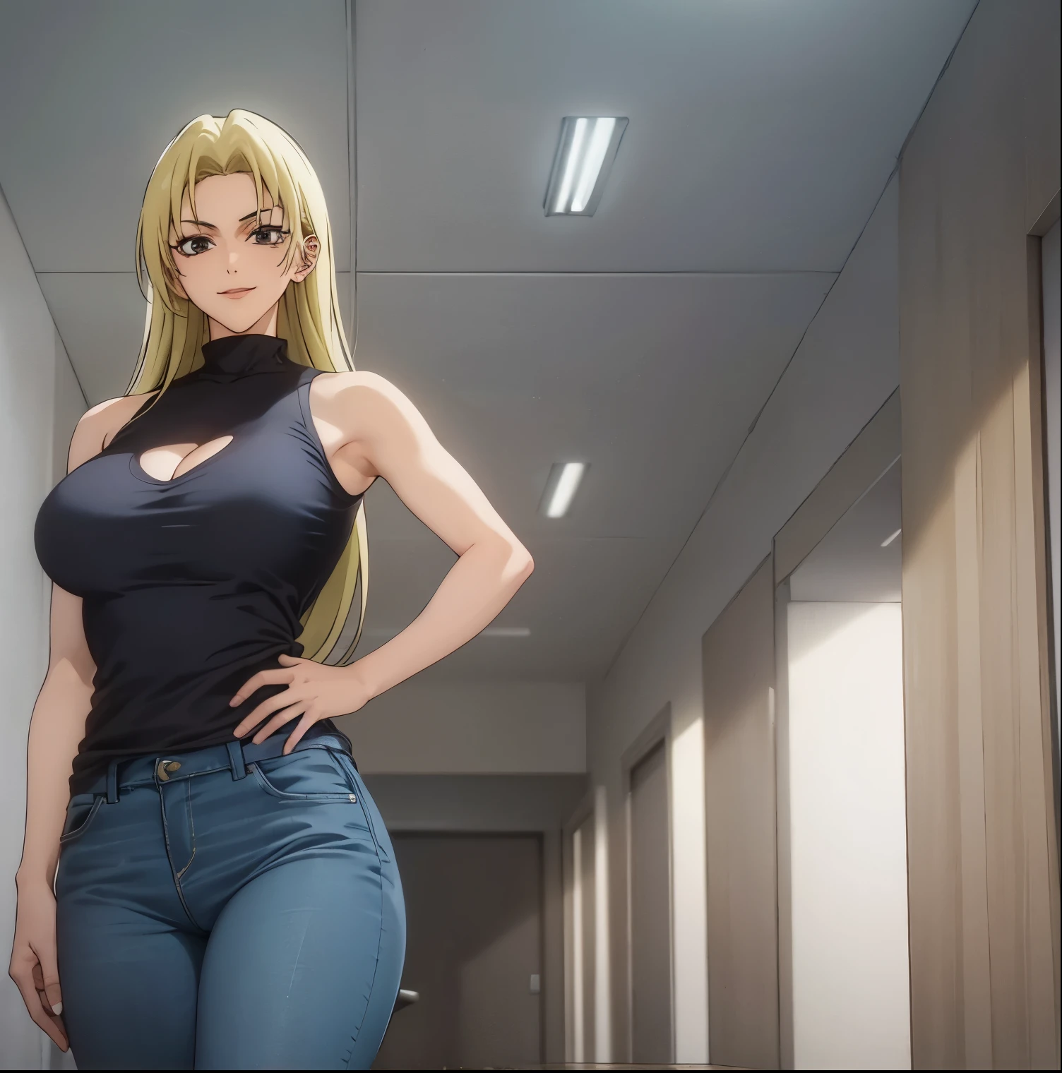 1girl,alone,yuki tsukumo,((best quality)), ((highly detailed)), masterpiece, detailed, large breasts, medium waist, wide hips, medium thighs, round butt, mature woman, blonde, long hair, focus feminine, sexy body, seductive smiling, standing, room, bedroom, alone, black shirt, cleavage, sleeveless turtleneck, looking at viewer, front view, pov (from below), average breasts, blue jeans, skinny jeans, shot cowboy, smile, hand on hip, perfect hands, perfect anatomy