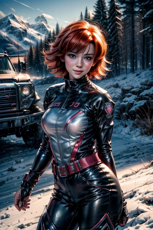 Realistic photography, closeup of beautiful woman with friskles and , head shot , 25yo, focus on eyes, 50 mm f1.4, ginger hair in wind, hdr masterpiece,dramatic lighting, epic, cyber dress, flower in hair, light snowing, post apocalyptic city, epic necklace