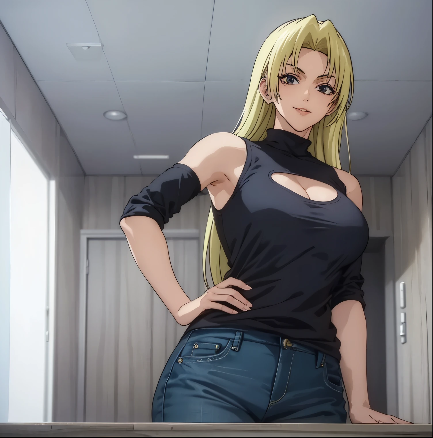 1girl,alone,yuki tsukumo,((best quality)), ((highly detailed)), masterpiece, detailed, large breasts, medium waist, wide hips, medium thighs, round butt, mature woman, blonde, long hair, focus feminine, sexy body, seductive smiling, standing, room, bedroom, alone, black shirt, cleavage, sleeveless turtleneck, looking at viewer, front view, pov (from below), average breasts, blue jeans, skinny jeans, shot cowboy, smile, hand on hip, perfect hands, perfect anatomy