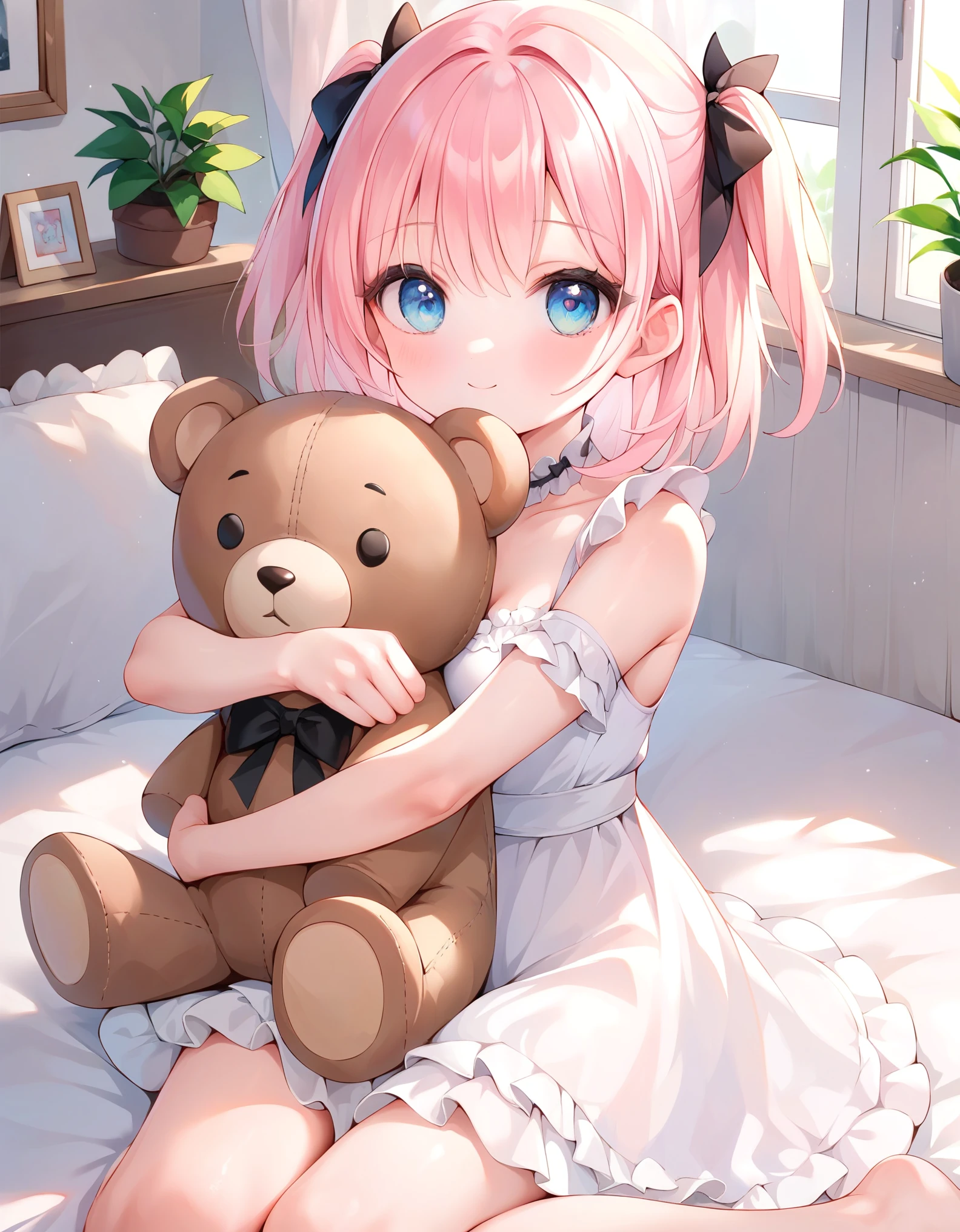 score_9, score_8_up, score_7_up, source_anime, 1girl, on bed, hugging teddy bear, light pink hair, two side up, black ribbon, sitting, white dress, frills, cute