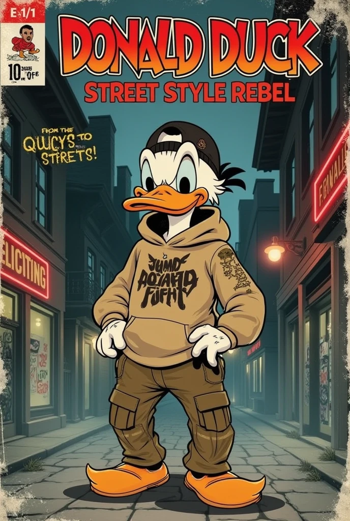 a 1940s-style comic book cover featuring Donald Duck in streetwear, reimagined with a modern urban twist. Donald stands confidently in the center of the scene, wearing a baggy hoodie with bold graffiti-style lettering, oversized cargo pants, and chunky skate shoes. His classic sailor hat is now swapped for a backward baseball cap, giving him a rebellious and cool attitude. The hoodie features a striking design of ducks and skate culture, while Donald’s face reflects his signature grumpy, yet determined expression.

The background shows a gritty urban environment, with faded buildings, neon signs, and alleyways filled with fog. Graffiti art decorates the walls, and broken streetlights cast a dim, eerie glow over the street. A splash of muted colors—grays, blues, and dark reds—gives it that signature retro horror vibe, enhanced by faded textures and paper wear, capturing the essence of 1940s comic book covers.

At the top, the bold title 'Donald Duck: Street Style Rebel' is printed in large, worn-out letters, with a subtle tagline below it: 'From the Quack to the Streets!'. The comic features all the usual elements: 'Issue #1', '10¢' price, and a classic publisher's logo, complete with distressed paper textures and a true grit feel for that authentic vintage look