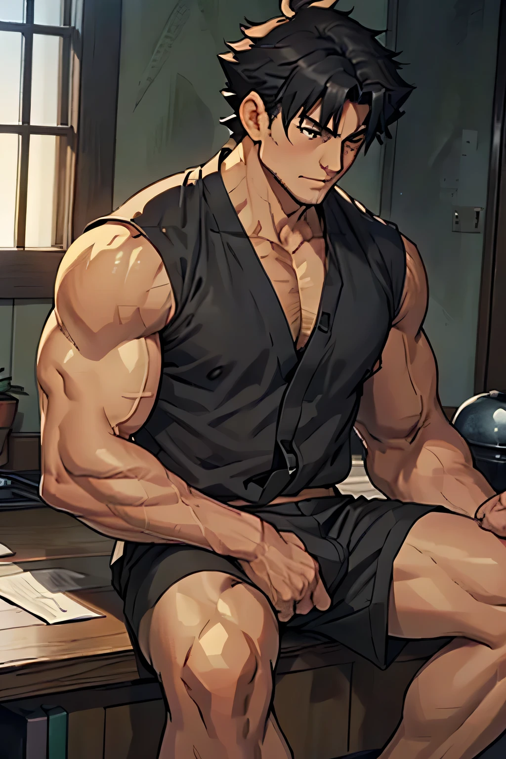 Kiritsugu is sitting and pumping his arms. He is shirtless. He wears black short boxershorts. You can see his thighs completely. He has a huge bulge. He is admiring his arms. His arms are full of visible huge veins.