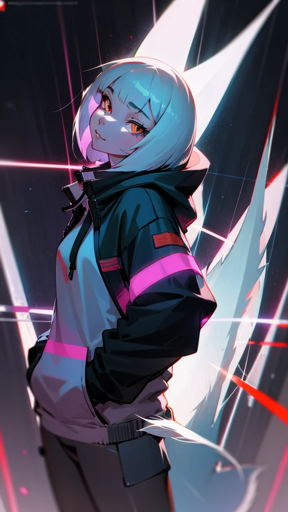 White cat,  cat wearing a hoodie,Night City,Future City,  Cyberpunk,  black hoodie, Kampala ,   bob cut, shiny fur,[Strange Eyes,Mysterious ,  bust shots,delicate,  wearing a hood , look up with the naked eye ,Jedi Clothing