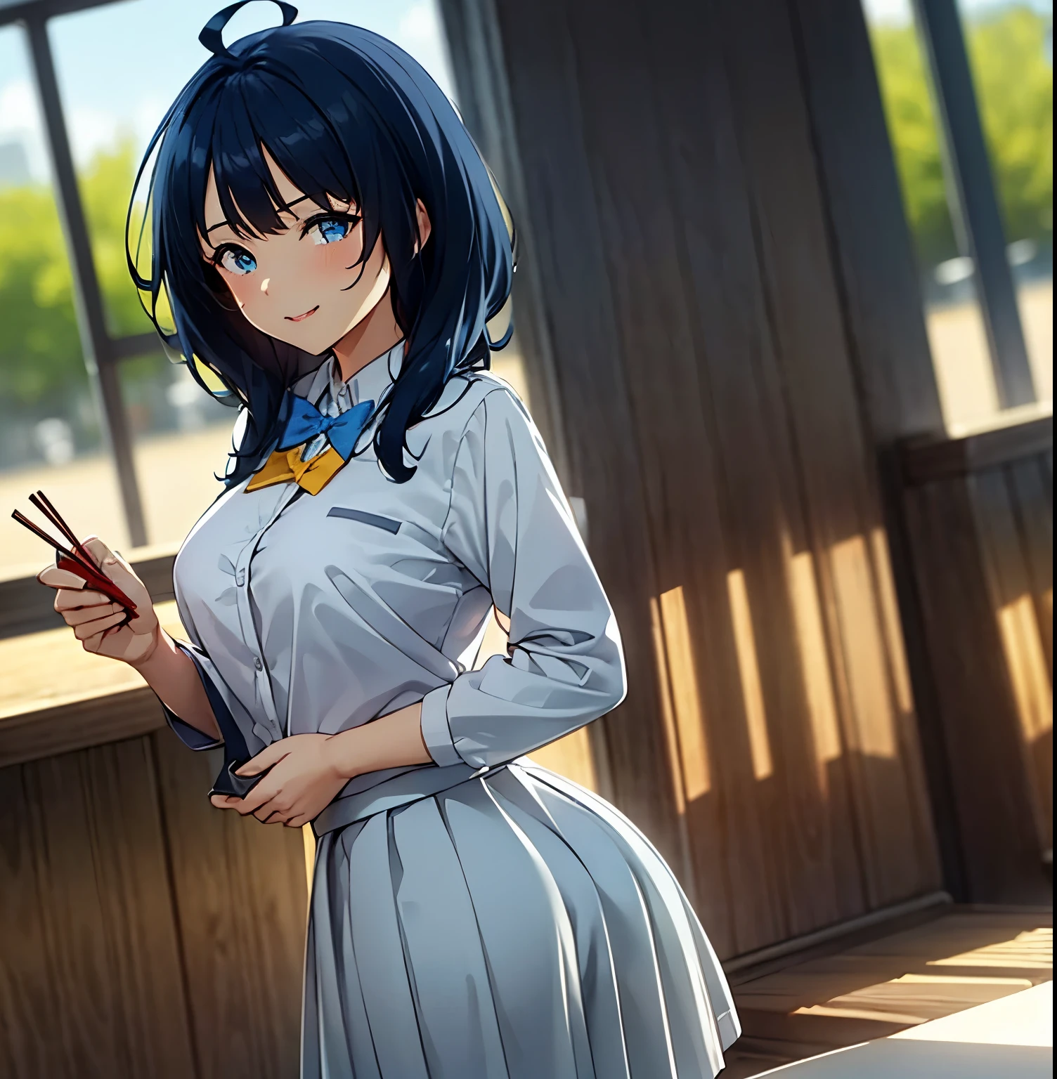 ((1girl)),((alone)), Anna Yanami, \( makeine\),(masterpiece), (best quality), (ultra detailed), (best illustration), (best shadow), (absurdities), sharp focus, cowboy shot, atmospheric perspective, depth of field, dynamic posture, ((looking at viewer)), large breasts, narrow waist, wide hips, medium thighs, round butt, erotic, romantic, (highly detailed eyes, lips 1.1), very detailed eyes, eyes, Very detailed face, Very beautiful face, Symmetrical face, Aesthetic face, perfect face, perfect eyes, detailed eyelashes: 1.5), full height, beautiful slim figure, femininity, expressive appearance, elastic big breasts , sexuality, half-open lips, white and light skin, blue hair, medium hair, ahoge, blue eyes, light smile, school uniform, shirt with white collar, short sleeves, blue bow, yellow bow, gray pleated skirt,,curves, body defined,Perfect and beautiful body, perfect and beautiful, happy look, closed mouth,((happy expression)),blushing,(sexy pose: 1.2), ((alone:1.2)), standing: 1.3,((inside, chopsticks,holding chopsticks, table, armchair, restaurant, crowd, window, street view)), Looking back, from behind, ((focus on ass:1.4)), point of view: (from below), perfect anatomy, hands perfect
Preparing