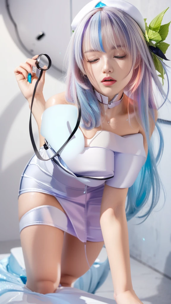 (ghosty:1.85) (doctor:1.5) (nurse:0.65) girl, (white doctor coat:1.4), (spirit, spiritual:1.2), 1girl, perfect and well designed glowing shiny eyes, (beautiful detailed eyes:1.05), natural medium breasts, slim body, beautiful and delicate cute face, (face detail), ((realistic face)), pores, ((pale grey skin)), detailed skin, realistic skin, (((bioluminescence))), ((shiny skin)), (multicolored gradation skin), (monster girl:1.25), human face, medium length hair, hair voluminous, (((((multicolored gradation hair))))), (dark-haired:1.75), super high resolution, 8k, parameters Best quality, (masterpiece:1.4), (magic accessories:1.4), bracelets, extremely detailed thick tight ((white:1.5), (green:1.2), (pink:0.5)) (medical uniform:1.5), (shirt:1.7), (pants:1.3), (standing nipples under cloth:1.3), (cameltoe:1.5), (neckline:1.3), (cleavage:1.4), (decolette:1.5), Young Girl, Little Beast, (Smile:0.9), (pale Skin:1.85), ultra detailed, photorealistic, ((Real image)), (best quality:1.4), super high resolution, (Realistic 2.0), More details, (((1girl))), {(medical ward:1.2)|(doctor office:1.2)}, (beautiful and aesthetic:1.2), (fractal art:1.4), (cinematic light:1.1), (DUTCH ANGLE:1.2), full body, 16K, HDR, RTX, Ray Tracing, Radiosity, Anisotropic Filtering, Subsurface Scattering, (((magic lights))), metallic reflections, Detailed, Realistic, 4k highly detailed digital art, (cool_color), extremely detailed CG unity 8k wallpaper, vibrant colors, (seductive sitting pose:1.6)