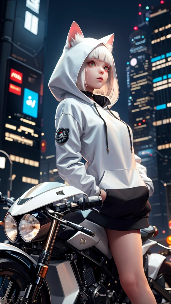 White cat,  cat wearing a hoodie,Night City,Future City,  Cyberpunk,  black hoodie, Kampala ,   bob cut, shiny fur,[Strange Eyes,Mysterious ,  bust shots,delicate,  wearing a hood , look up with the naked eye ,Jedi Clothing,Riding a motorcycle,Futuristic bike ,neon