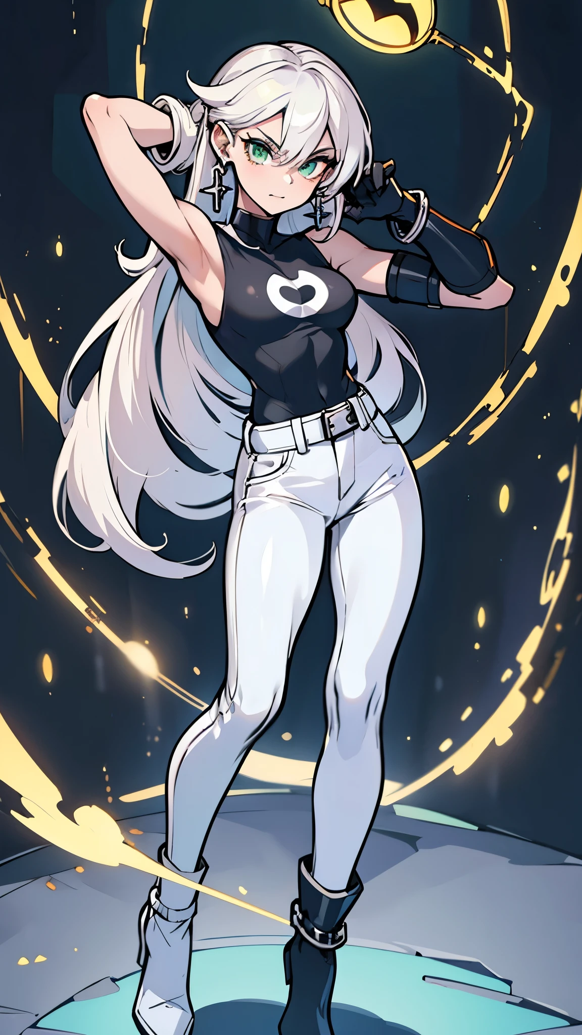 (masterpiece), danny phantom, best quality, green eyes, perfect face, highres, 1girl, solo, (female:1.5), cute, white hair, long hair, white fingerless gloves, black t shirt, leather jacket, jeans, indoors, , dancing around chains whip, holding chains whip, cowboy shot, looking at the viewer, fullbody shot, long boots, ninja style, attack pose
