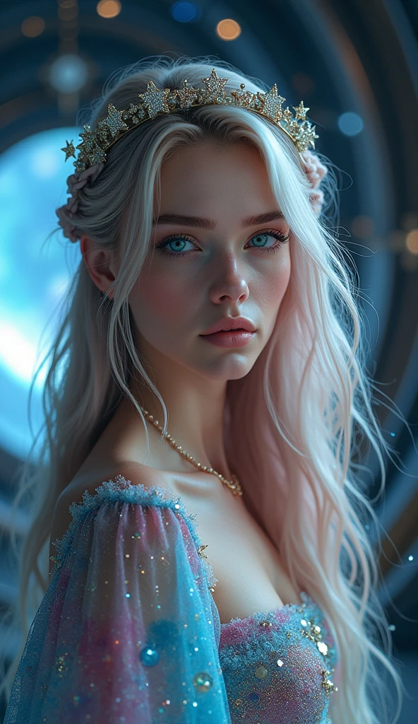 (Hyper-realistic portrait of an enchanting woman with pastel rainbow hair, starry accessories, heterochromia eyes, cosmic colors, wearing a galaxy-themed dress, ultra high quality, 8k render, celestial observatory)