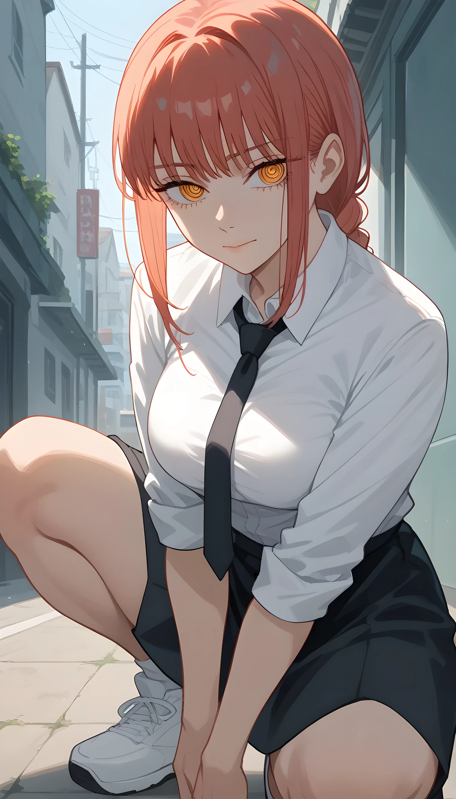 (((makima from chainsaw man))), squatting, busty, ultra detailed, accurate, anime_background.