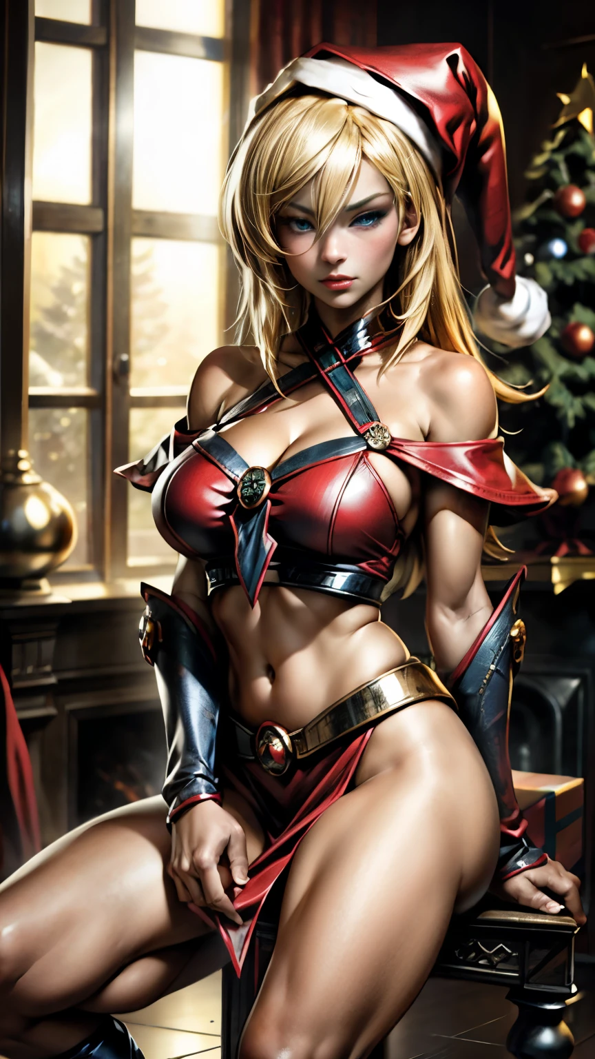 Dark mages. Sexy golden blonde, blue eyes, Beautiful face,  Fit and athletic body, mischievous, war,  perfect hands,  detailed hands, PERFECT BLUE EYES,  detailed eyes , flirty, sexy, big perky tits, cuerpo completo, realistic, hdr, HD, dynamic, sitting on the floor in front of a fireplace, posing, Santa Claus red dress, Christmas tree, black boots. Sejutive and sensual pose