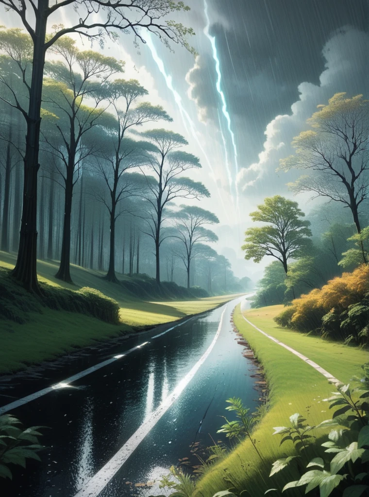 score_9,score_8_above,,score_7_above, art deco style , Straight rock road , storm, black clouds with rays ,  large trees swaying in the wind,  lake and sandDepth of field , reflected light, Illustration, 