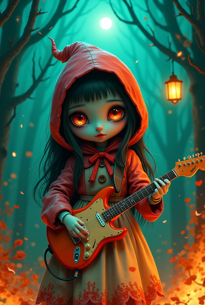 (masterpiece， best quality:1.2， vivid and realistic :1.4)，Cartoon Characters，Vector illustration，Hand drawn cartoon， Adorable Little Red Riding Hood girl who is alone ， intense zombie makeup ， is playing a retro guitar ， guitar player ，（Ghost crowd ），Ghost Viewer，（Concert scenes:1.5），Starry Night， gloomy and foggy atmosphere ， amazing sense of absurdity ， Attraction and rejection brought about by her extraordinary appearance， magical and naive art ， bright blue and green 