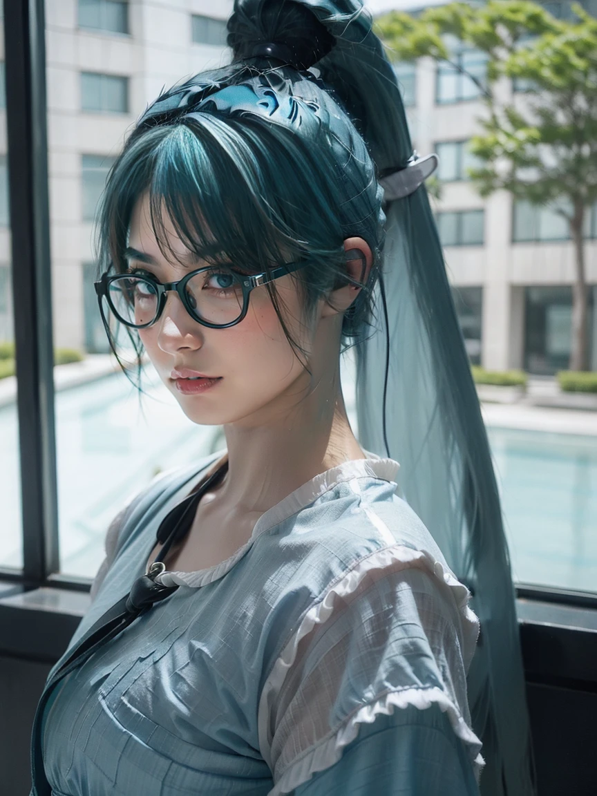 photography, masterpiece, best quality, 8k, HDR, highres, absurdres:1.2,  Kodak Portra 400 , film grain, blurry background, bokeh:1.2, lens flare,An ordinary girl wearing glasses, (((black hair))), long hair, (((parted bangs))), (((tied in a weave ponytail))), (((single weave ponytail))), (((aqua blue hair highlights into single ponytail:1.5))), (((wearing glasses))), a serious girl, wearing a long pink dress , knitted thin jacket, fashionable clothing, conservative outfit, flat doll shoes, 20 years old, height 158cm, C cup, top student, seriously, sitting In Tokyo, in a cafe,with a brown super cute poodle, she is a Dog lover, bare face, no makeup, smiling ,fashionista， She prefers to wear ，fashion model， dress with a sense of design，Simple but stylish, full body shot 