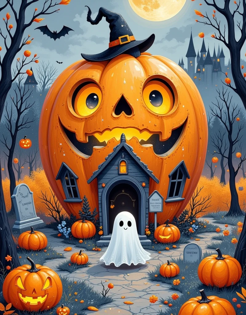 ( xiantipunk _bb:1.5)，(( A cute ghost standing in front of a pumpkin-shaped playground:1.2))，( A pumpkin-shaped amusement facility imusement park :1.2)， The ghosts have fun ，No humans，( toxic :1.2)，(Magic Book:1.2)，(bat:1.2)，(tombstone:1.2)，( There is a Halloween magic hat outside the building :1.2)， clearly visible against a dark Halloween background 。 feels full 。 surreal abstract ，高detail， model lighting 。 well-designed environment ，Huge background，fantasy，mystery，excited，emblem，Complexity ，detail，(( best quality))，((masterpiece))，(Realism)，(detail)... Perfect light，( excellent CG :1.2)，Best picture quality，8k，jade