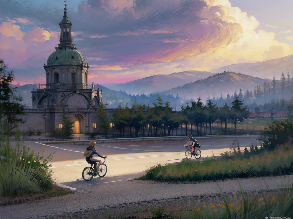 8K raw photos,hight resolution,(violet_evergarden:1.29),(pink theme:1.3),(full_body:1.3),best quality, professional bicycle race Scene, a female cyclist riding a bicycle through the french countryside, detailed lush green rolling hills, picturesque french village in the background, sunlight streaming through clouds, detailed texture on the bicycle and cyclist's uniform, vibrant colors, realistic lighting, photorealistic, 8k, best quality, high resolution