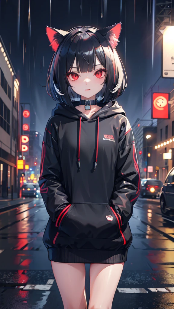 Cat Girl,  bob cut,Night City,rain,  black hoodie,Red eyes, Kampala , Suspicious vibe , headphones made of enamel material,Near future,Wear glossy 