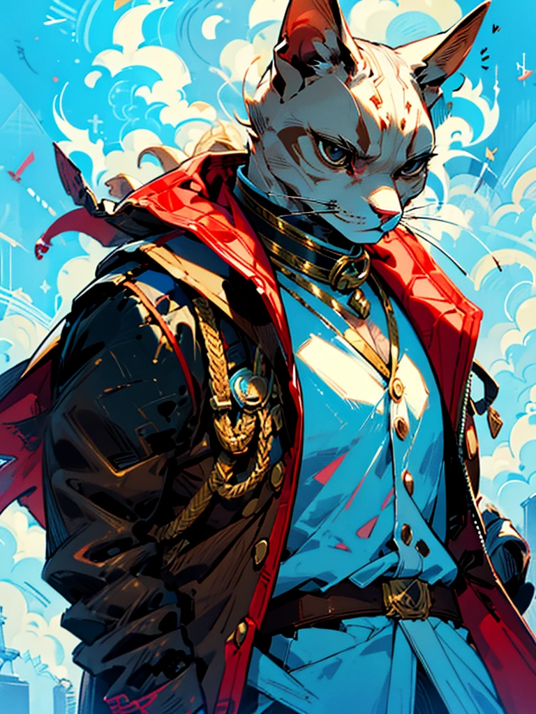 
adult, humanoid pitbull, full dressed like a pirate, anime, skinny, white, one brown patch eye, opposite ear is brown, white shirt, blue pirate jacket