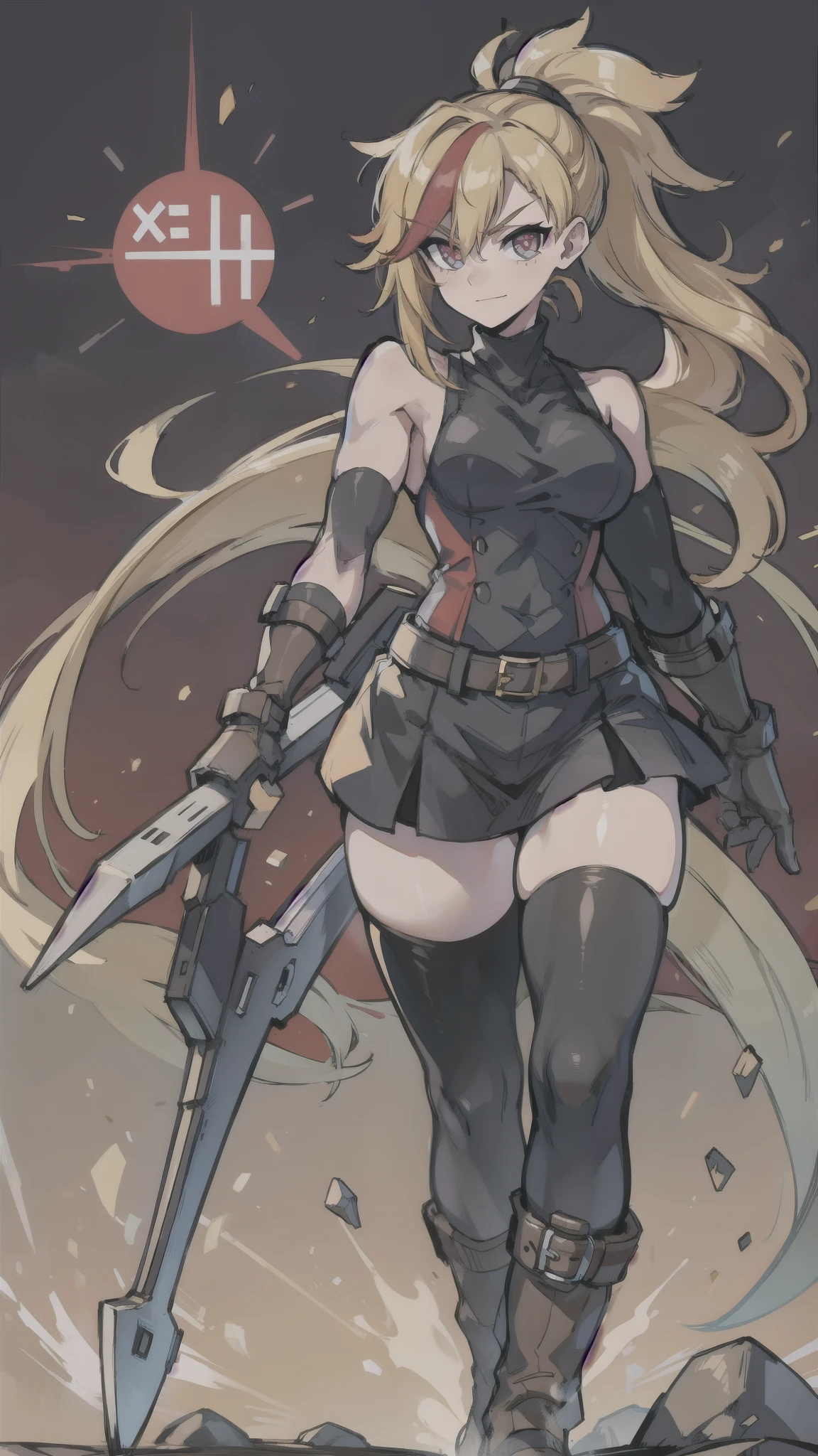 (masterpiece, best quality:1.2), red glowing eyes, perfect face, highres, 1 girl, solo, ultra long ponytail, (female:1.5), strife, blonde hair, shoulder armor, sleeveless turtleneck, suspenders, belt, gloves, bracer, evil smile, standing, portrait, looking at viewer, giant sword on the back, long leather boots, fullbody shot