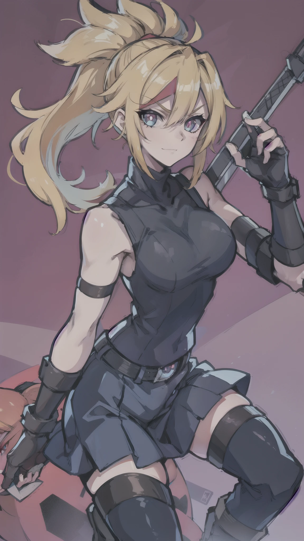 (masterpiece, best quality:1.2), red glowing eyes, perfect face, highres, 1 girl, solo, ultra long ponytail, (female:1.5), strife, blonde hair, shoulder armor, sleeveless turtleneck, suspenders, belt, gloves, bracer, evil smile, standing, portrait, looking at viewer, giant sword on the back, long leather boots, fullbody shot