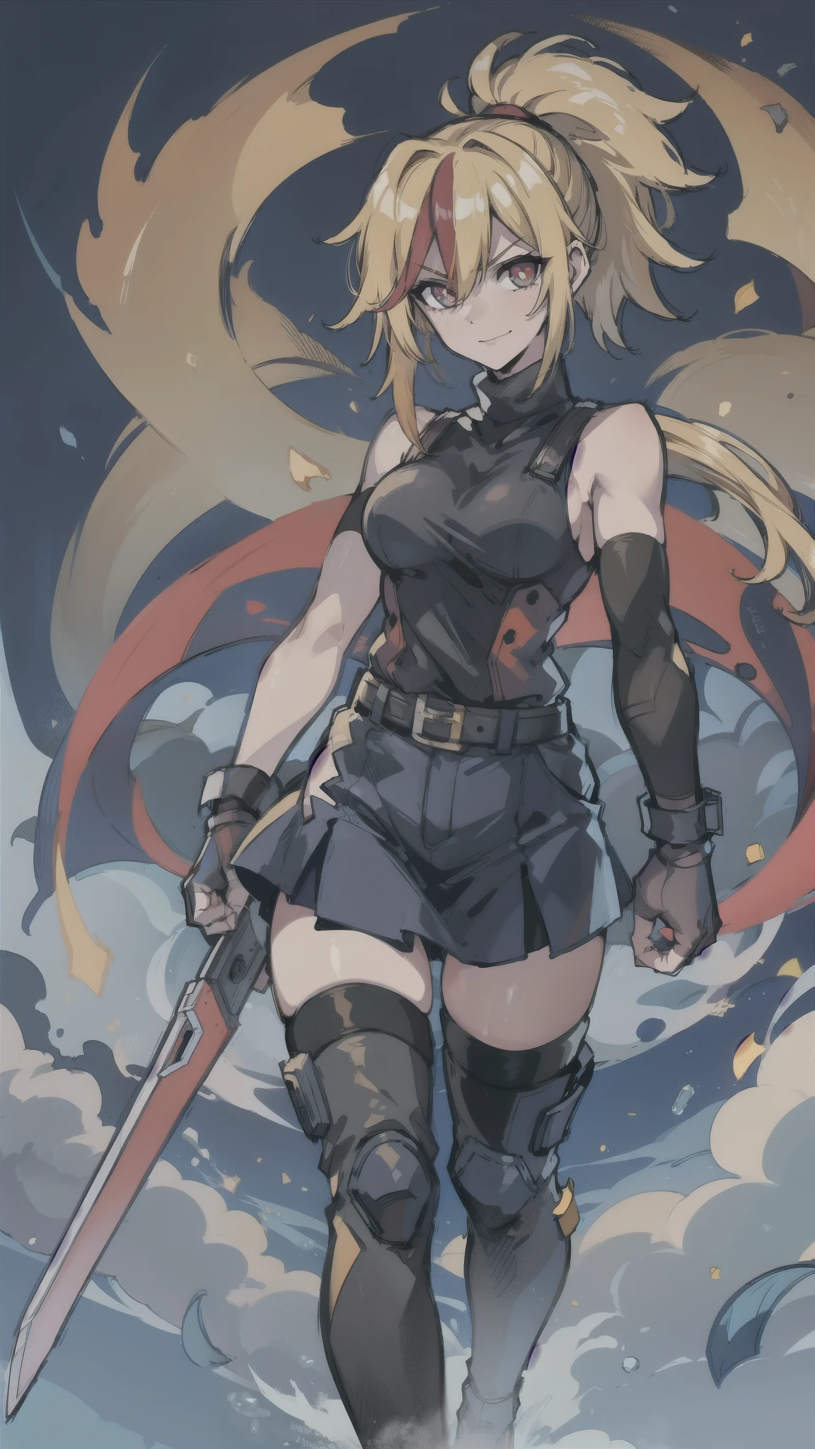 (masterpiece, best quality:1.2), red glowing eyes, perfect face, highres, 1 girl, solo, ultra long ponytail, (female:1.5), strife, blonde hair, shoulder armor, sleeveless turtleneck, suspenders, belt, gloves, bracer, evil smile, standing, portrait, looking at viewer, giant sword on the back, long leather boots, fullbody shot