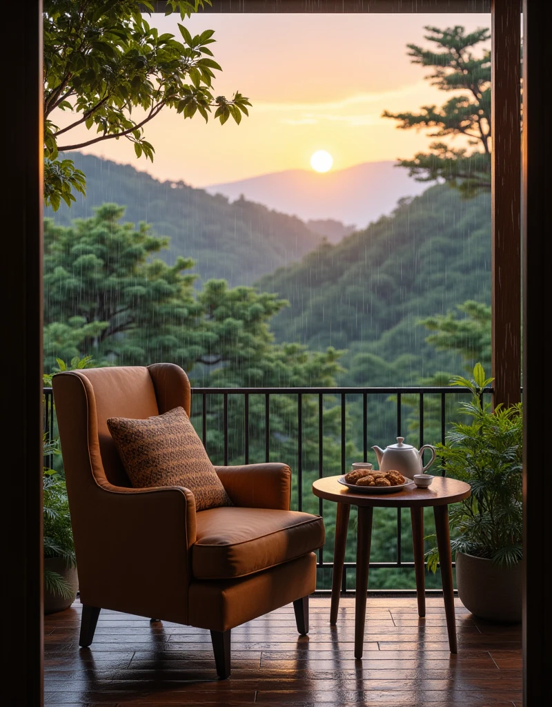 A comfort chair in a terrace of house with a table of a tea pot and biscuits on plate, a view of greenery forest in a rain, retro sunset