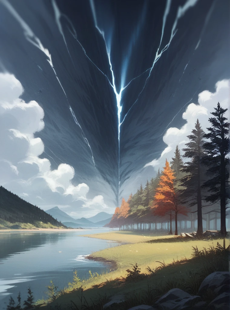 storm, black clouds with rays ,  large trees swaying in the wind, lake and sand , big mountain , depth of field, reflected light, Illustration, 