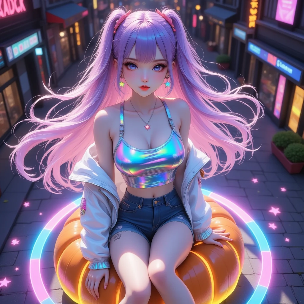 เหนือความจริง, sexy girl sitting on pumpkin, cyberpunk style , full body, high angle shot , 1girl, ผมยาวสีฟ้าอมชมพู, ริมฝีปากสีแดง, dinamic pose, graphic Hologram, neon colors , Fluffy , three-dimensional , light, digital art, digital,  scientific 