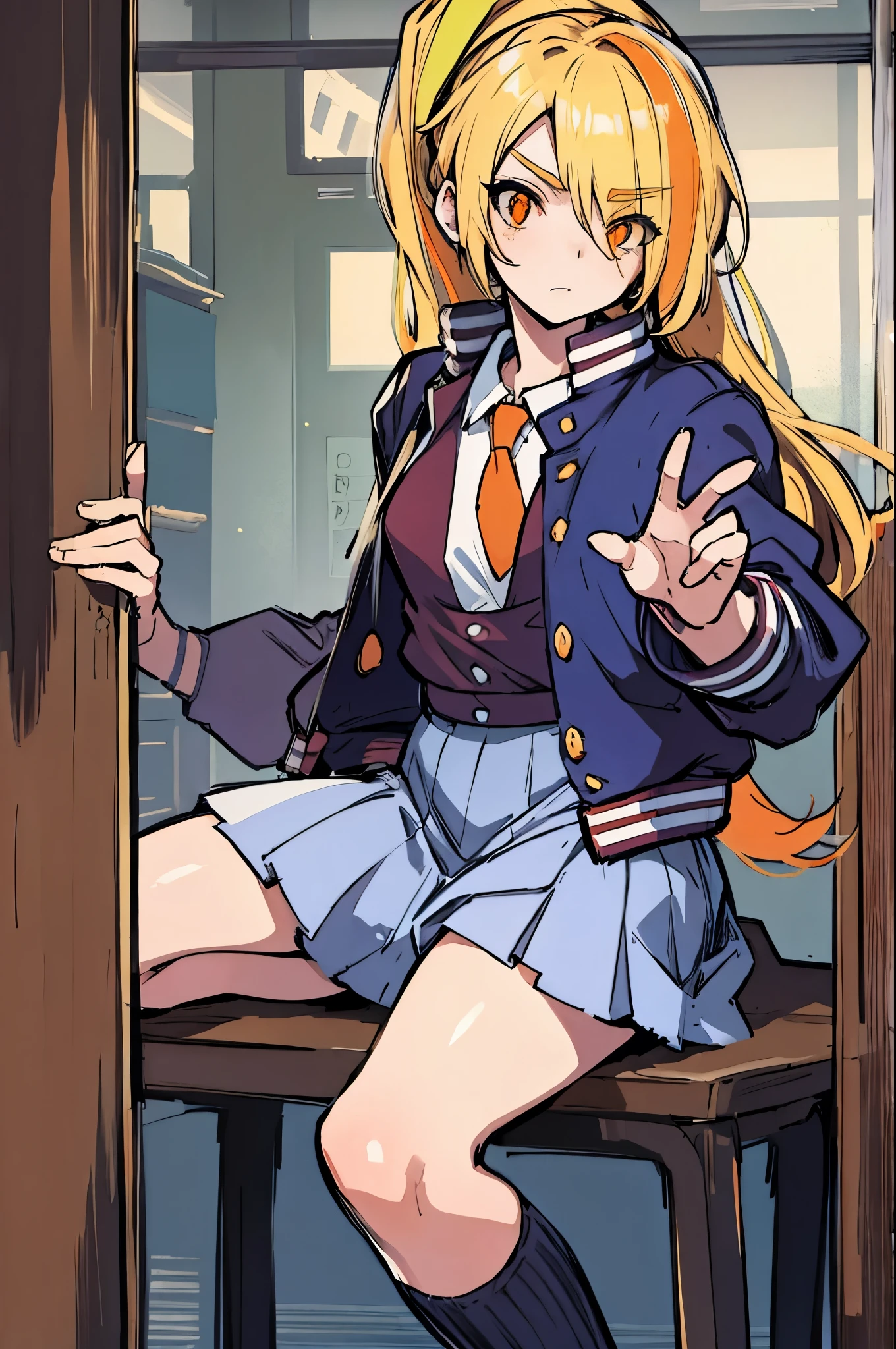 sakinikaidou, saki nikaidou, blonde hair, eyes visible through hair, hair over one eye, light green hair, long hair, multicolored hair, (orange eyes:1.5), orange hair, ponytail, streaked hair, (small breast:1.2),
BREAK blue skirt, jacket, (letterman jacket:1.5), necktie, orange necktie, skirt,
BREAK looking at viewer, full body,
BREAK indoors, classroom,
BREAK (masterpiece:1.2), best quality, high resolution, unity 8k wallpaper, (illustration:0.8), (beautiful detailed eyes:1.6), extremely detailed face, perfect lighting, extremely detailed CG, (perfect hands, perfect anatomy),