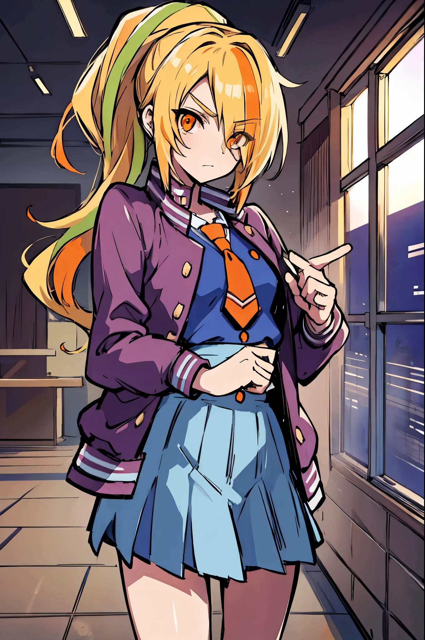 sakinikaidou, saki nikaidou, blonde hair, eyes visible through hair, hair over one eye, light green hair, long hair, multicolored hair, (orange eyes:1.5), orange hair, ponytail, streaked hair, (small breast:1.2),
BREAK blue skirt, jacket, (letterman jacket:1.5), necktie, orange necktie, skirt,
BREAK looking at viewer, full body,
BREAK indoors, classroom,
BREAK (masterpiece:1.2), best quality, high resolution, unity 8k wallpaper, (illustration:0.8), (beautiful detailed eyes:1.6), extremely detailed face, perfect lighting, extremely detailed CG, (perfect hands, perfect anatomy),