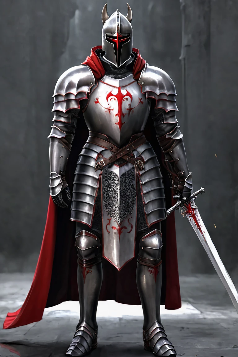 A MALE HOLY KNIGHT IN FULL BODY HEAVY ARMOR TEMPLE KNIGHT MALE VAMPIRE RED EYES HANDSOME BROTHER ARMOR FALLEN KNIGHT RED CAPE WEARING RED HOOD