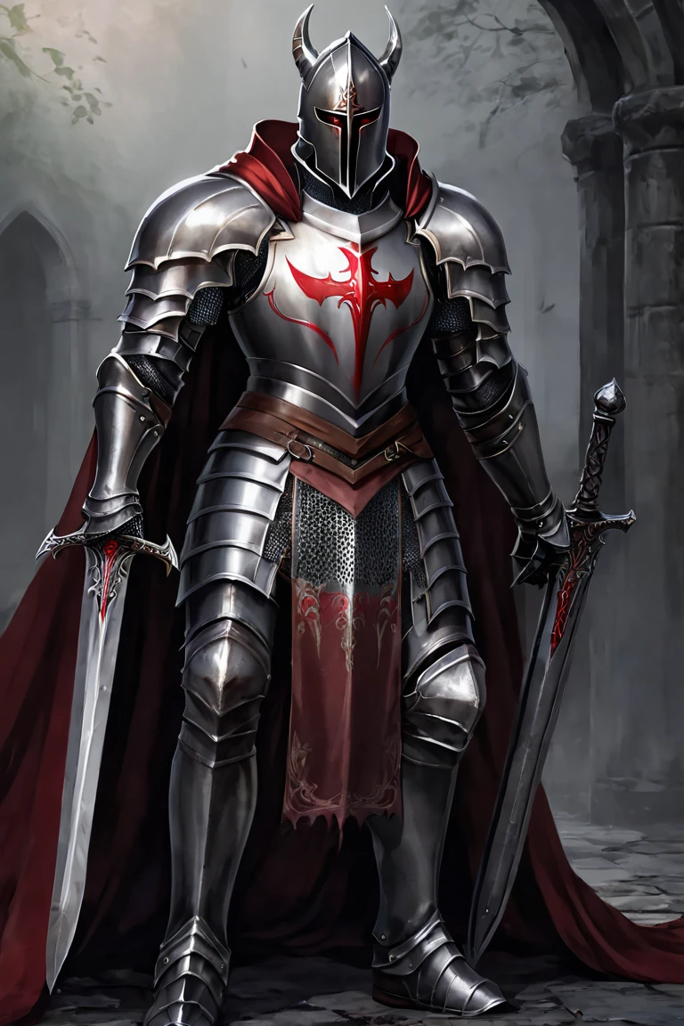 A MALE HOLY KNIGHT IN FULL BODY HEAVY ARMOR TEMPLE KNIGHT MALE VAMPIRE RED EYES HANDSOME BROTHER ARMOR FALLEN KNIGHT RED CAPE WEARING RED HOOD