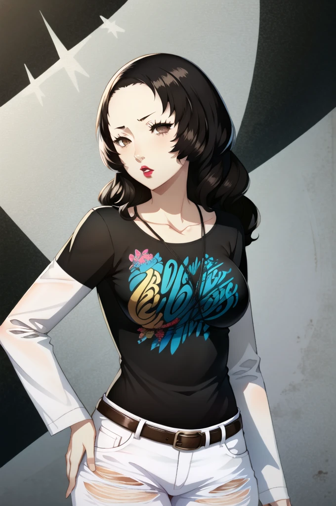 ((masterpiece, best quality))
Persona4AiEbihara, 1girl, solo, black t-shirt, white shirt, blue jeans, belt, lipstick, large breasts, brown hair, brown eyes,