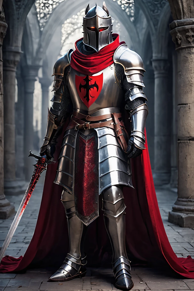 A MALE HOLY KNIGHT IN FULL BODY HEAVY ARMOR TEMPLE KNIGHT MALE VAMPIRE RED EYES HANDSOME BROTHER ARMOR FALLEN KNIGHT RED CAPE WEARING RED HOOD