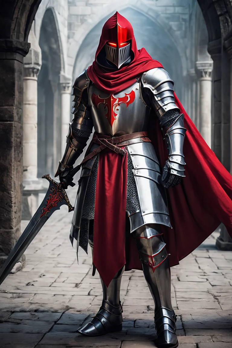 A MALE HOLY KNIGHT IN FULL BODY HEAVY ARMOR TEMPLE KNIGHT MALE VAMPIRE RED EYES HANDSOME BROTHER ARMOR FALLEN KNIGHT RED CAPE WEARING RED HOOD