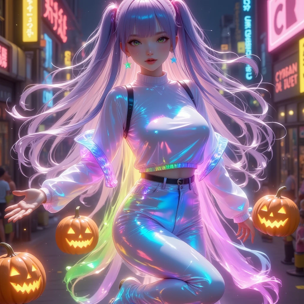 เหนือความจริง, sexy girl, 3D, อนิเมะ, เปล่งแสง, pumpkin, cyberpunk style , full body, high angle shot , 1girl, ผมเปล่งแสง, ผมยาวสีฟ้าอมชมพู, ริมฝีปากสีแดง, dinamic pose, graphic Hologram, neon colors , Fluffy , three-dimensional , light, digital art, digital,  scientific , สมจริง