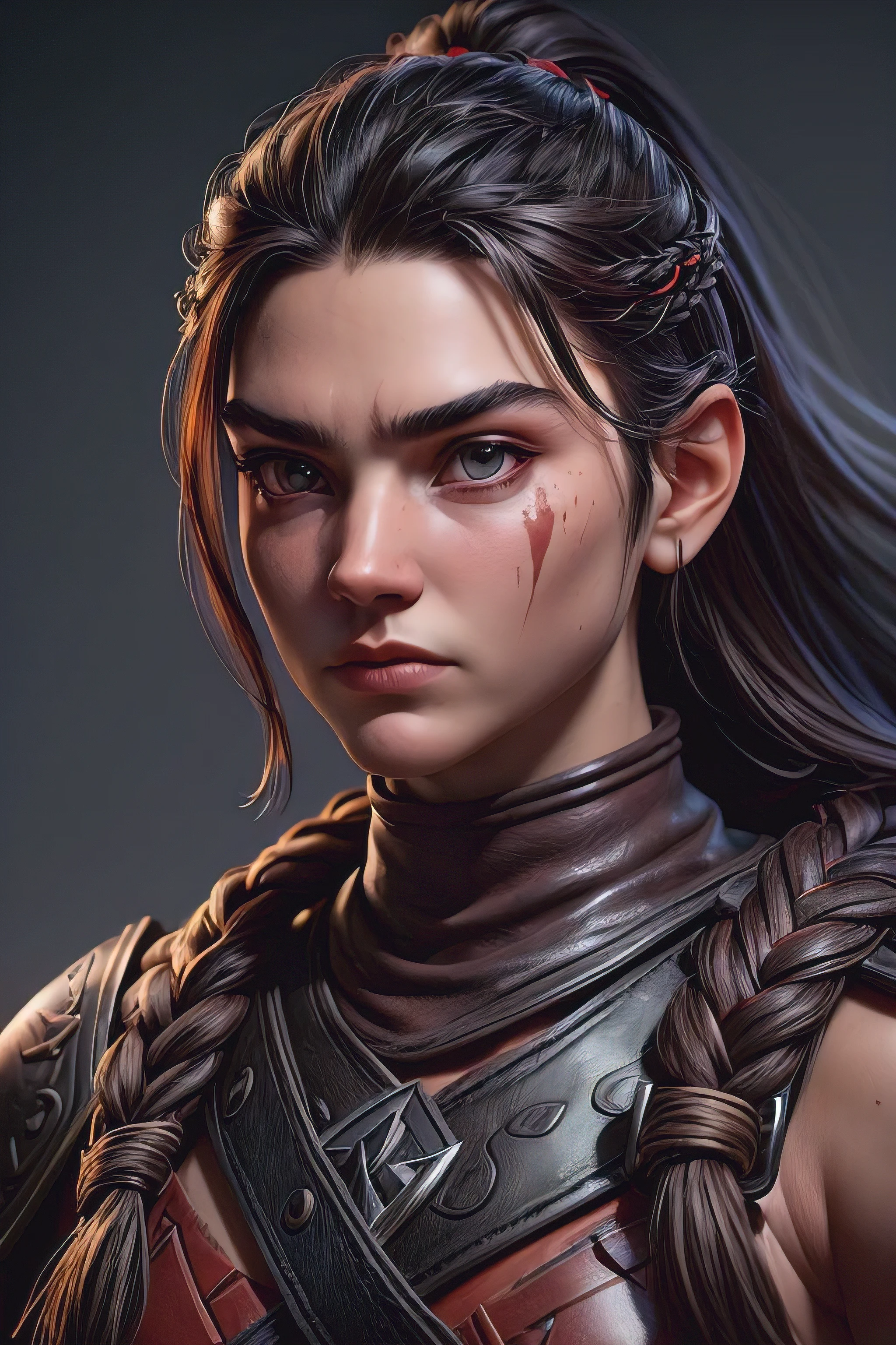 ( masterpiece , ultra high resolution:1.4), ( Photo of a Viking warrior with braided black hair.:1.3), (Tall stature and captivating brown eyes that emit a certain glow and light.:1.4), (Sony Alpha 1 camera, Renowned for capturing the highest level of detail in a photo:1.3), (paired with the Sony FE 85mm f/1.4 GM lens for stunning portraits:1.3), (The face of the Viking with perfect symmetry and impeccable features:1.2), (His face adorned with red war paint:1.3), (his intense brown eyes shining with determination:1.2), (His leather warrior attire, covered in red war paint and battle stains:1.3), (Sony Alpha 1 camera capturing the textures of the leather and paint with precision:1.2), (The strong arms and the slender body of the Viking.:1.3), (standing with a dominant presence in the middle of the battlefield:1.1), (A light mist in the air, with volcanic ash falling gently from the sky:1.1), (The artistically blurred background, emphasizing the Viking warrior as the focal point:1.1), (His expression shows pure concentration and unwavering determination.:1.3), (The camera captures the emotion and intensity in your eyes:1.3), (The photo captures a moment of raw strength and warrior spirit:1.1), (the ultra high resolution ensuring every detail, from the intricacies of her braided hair to the tiniest streak of war paint, is preserved:1.1), (A moment frozen in time, Showing the bravery and ferocity of a Viking warrior:1.1), cinematographic, Hyperdetailed, Crazy details, beautifully colored, Unreal Engine, dof, Super resolution, Megapixel, cinematographic lightning, Antialiasing, FKA, Thai, RTX, SSAO, Postprocessing , post-production, tone mapping, cgi, visual effects, sound effects, Incredibly detailed and intricate, hyper maximalist, Hyper realistic, volumetric, photorealistic, ultra photorealistic, Ultra detailed, intricate details , 8K, Super detailed, in full color,