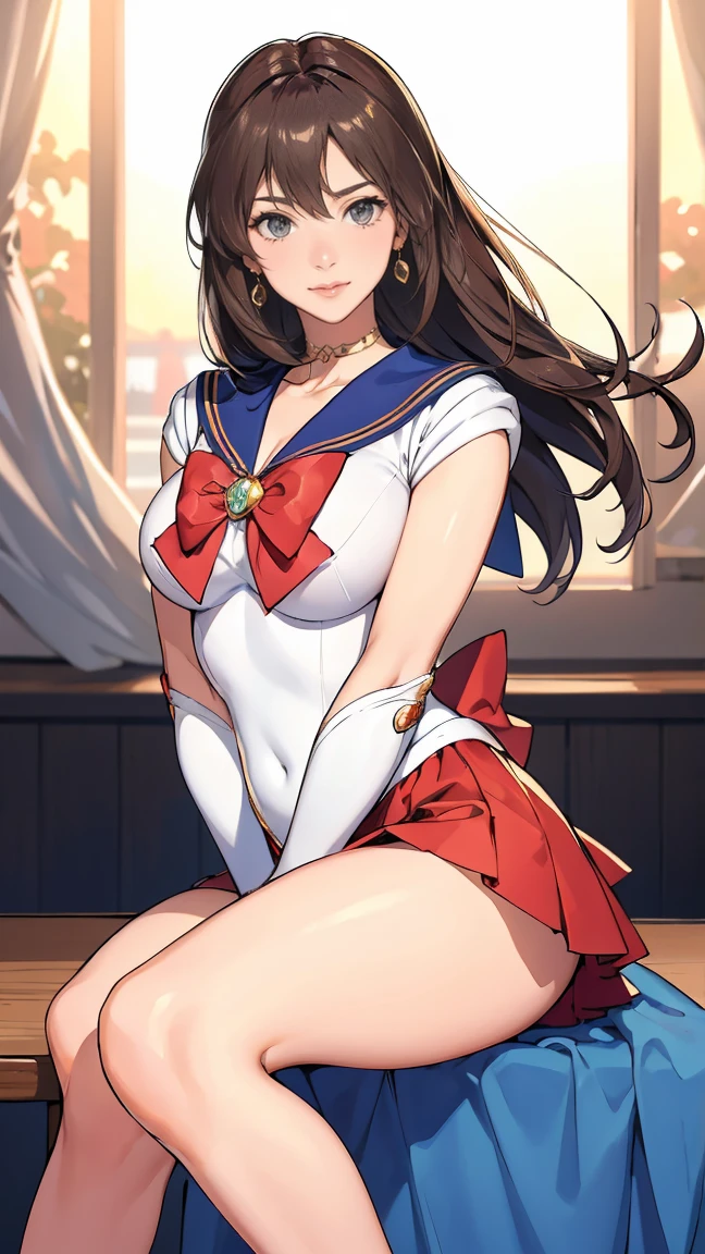 masterpiece, high definition, best quality, rendered art, well formed hands, fingers and body, 1 woman, solo, Kaoru Tanamachi, 31 years old, adult, grown up, wearing Sailor Moon's outfit, large and big breasted, cleavage, full body, sexy sailor senshi uniform, short blue skirt, panties peek, lifted skirt, red boots, gorgeous hips, sexy and bare legs and thighs,,white elbow gloves, sailor collar, tiara, earrings, she is doing exercise in the beach, seductive face, warming up, working out, sexy and captivating training, smiling joyfully and happily , looking at the viewer, , sweating , bouncing breasts, training montage session, beach environment
 