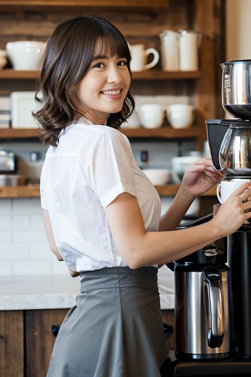 Masterpiece, 8k, (Real, Realistic Photograph), best quality, high resolution, perfect details, ((upper body)), Beautiful face, 1 girl, alone, short hair, smooth, (curling hair), (light smile:0.1), look at viewer, Realistic, stands in front of a coffee maker in a coffee shop., Make coffee, broun waist apron, White shirt and gray skirt,  at the counter, (cowboy shoot:1.2),large breast,