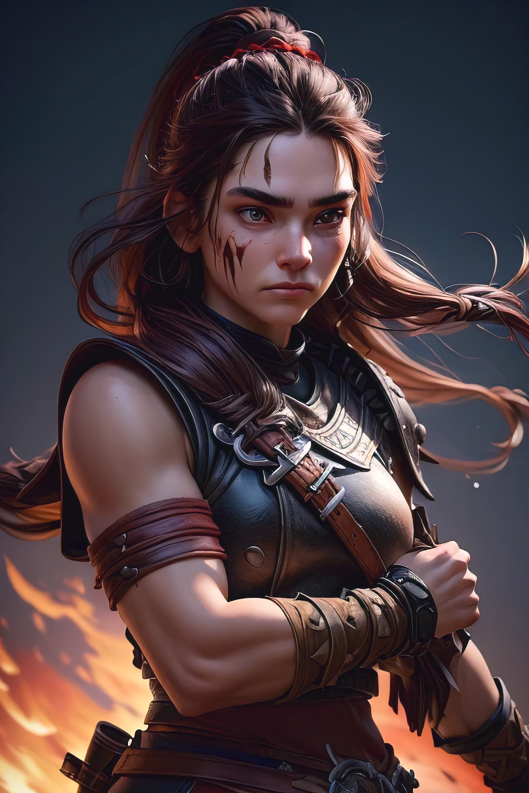( masterpiece , ultra high resolution:1.4), ( Photo of a Viking warrior with braided black hair.:1.3), (Tall stature and captivating brown eyes that emit a certain glow and light.:1.4), (Sony Alpha 1 camera, Renowned for capturing the highest level of detail in a photo:1.3), (paired with the Sony FE 85mm f/1.4 GM lens for stunning portraits:1.3), (The face of the Viking with perfect symmetry and impeccable features:1.2), (His face adorned with red war paint:1.3), (his intense brown eyes shining with determination:1.2), (His leather warrior attire, covered in red war paint and battle stains:1.3), (Sony Alpha 1 camera capturing the textures of the leather and paint with precision:1.2), (The strong arms and the slender body of the Viking.:1.3), (standing with a dominant presence in the middle of the battlefield:1.1), (A light mist in the air, with volcanic ash falling gently from the sky:1.1), (The artistically blurred background, emphasizing the Viking warrior as the focal point:1.1), (His expression shows pure concentration and unwavering determination.:1.3), (The camera captures the emotion and intensity in your eyes:1.3), (The photo captures a moment of raw strength and warrior spirit:1.1), (the ultra high resolution ensuring every detail, from the intricacies of her braided hair to the tiniest streak of war paint, is preserved:1.1), (A moment frozen in time, Showing the bravery and ferocity of a Viking warrior:1.1), cinematographic, Hyperdetailed, Crazy details, beautifully colored, Unreal Engine, dof, Super resolution, Megapixel, cinematographic lightning, Antialiasing, FKA, Thai, RTX, SSAO, Postprocessing , post-production, tone mapping, cgi, visual effects, sound effects, Incredibly detailed and intricate, hyper maximalist, Hyper realistic, volumetric, photorealistic, ultra photorealistic, Ultra detailed, intricate details , 8K, Super detailed, in full color,